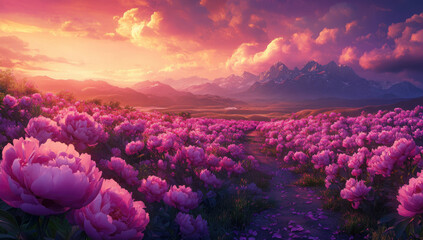  A field of vibrant purple peonies, with mountains in the background, set against a dreamy sunset. Created with Ai