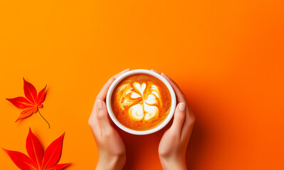 Top View Female Hands Hold Cup with Pumpkin Coffee, Spice Latte, Cappuccino. Hot Drink, Beverage in Autumn. Red Leaves on Yellow Background. Copy Space