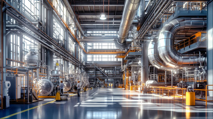 Workers in hard hats engage with cutting-edge machinery in a spacious, well-lit industrial factory, highlighting teamwork and efficiency amid vibrant pipelines