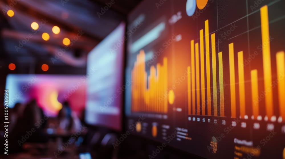 Poster A festive corporate event featuring a speaker discussing financial growth strategies, with visuals of graphs projected on screens, creating an engaging and informative atmosphere