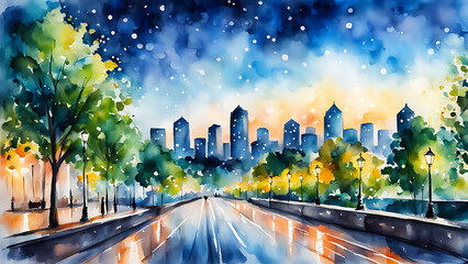 Fototapeta premium Summer landscape. Drawing in watercolor. city lights in the distance blurring into bokeh, romantic atmosphere