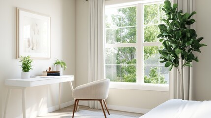 Bright Minimalist Bedroom with White Desk and Greenery