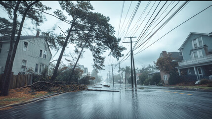 Naklejka premium Strong winds and heavy rain ravage a quiet suburban street, uprooting trees and flooding homes as the storm's fury leaves destruction in its wake