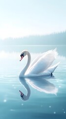 Fototapeta premium Majestic Swan Gliding on Misty Lake with Serene Reflection