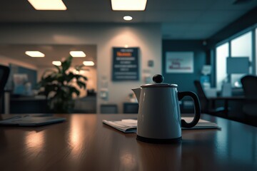 A cozy office scene featuring a teapot on a table, with soft lighting and blurred backgrounds, creating a relaxed atmosphere.