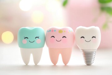 Obraz premium Cute dental characters representing healthy teeth, promoting oral hygiene and dental care with a playful and friendly design.