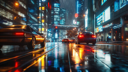 Futuristic city streets at night showcasing sleek cars and vibrant street lights amidst reflections...