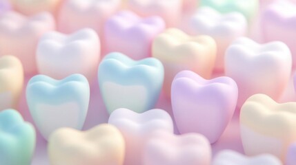 Obraz premium A colorful arrangement of pastel teeth shapes creates a whimsical, playful atmosphere perfect for dental themes.