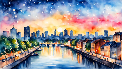 Fototapeta premium Summer landscape. Drawing in watercolor. city lights in the distance blurring into bokeh, romantic atmosphere