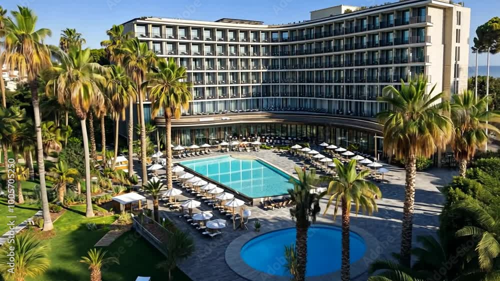 Poster modern hotel with a large swimming pool and palm trees in daylight generative ai