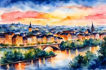 Fototapeta premium Summer landscape. Drawing in watercolor. city lights in the distance blurring into bokeh, romantic atmosphere