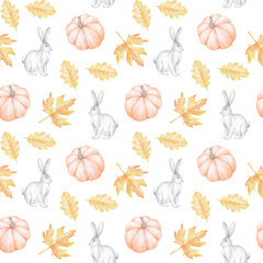 hares, pumpkins, oak and maple leaves. Seamless watercolor pattern on white background for textiles and wrapping paper. Cute autumn illustration