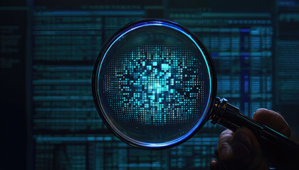 binary code,magnifying glass on a keyboard,magnifying glass on binary code,digital data security,electronic circuit board with magnifier