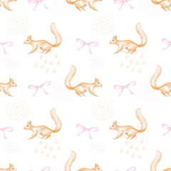 Fototapeta premium Cute red squirrels with bows. Seamless watercolor pattern on white background for textiles and wrapping paper. Cute autumn illustration