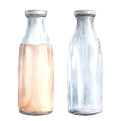Glass milk bottle set Closed empty and with a milky drink. Watercolor hand drawn illustration.Clipart for beverage, cream, yogurt labels. Ecology, recycling product concept. Isolated from background. 