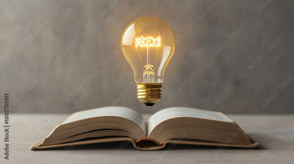 Poster concept of a glowing lightbulb flickering above an open book, representing learning and creativity, 