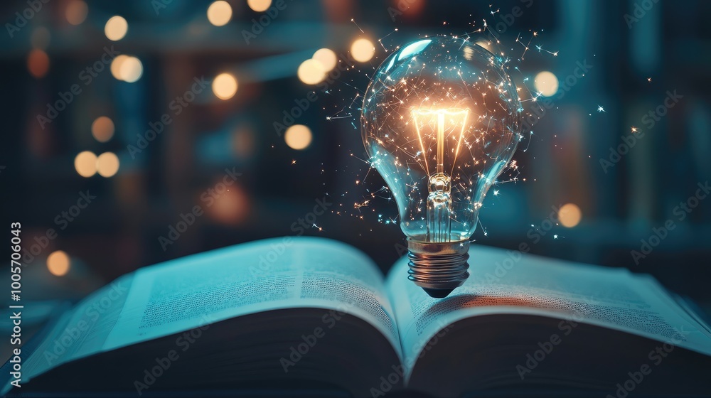 Aufkleber concept of a glowing lightbulb flickering above an open book, representing learning and creativity, 