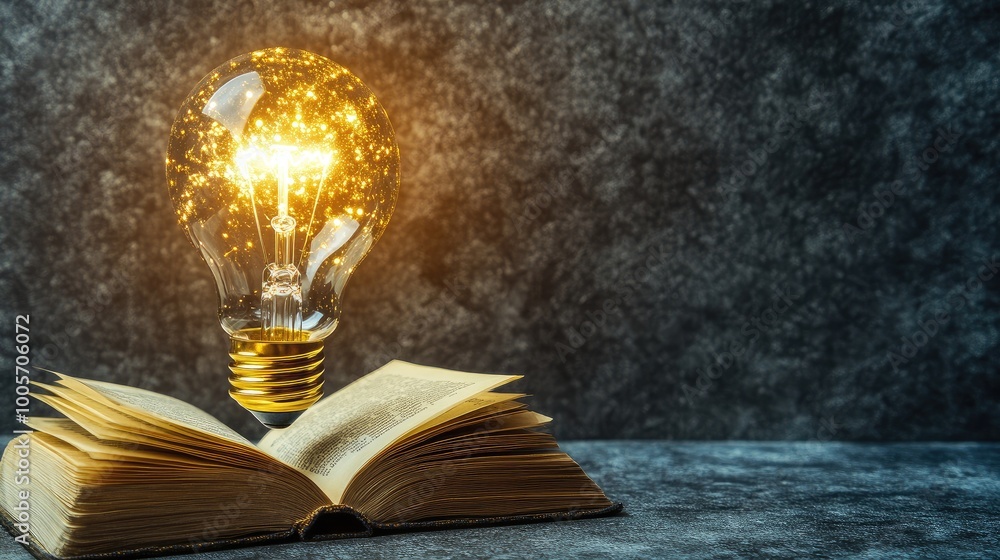 Poster concept of a glowing lightbulb flickering above an open book, representing learning and creativity, 