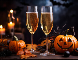 ハロウィンのカボチャとシャンパン