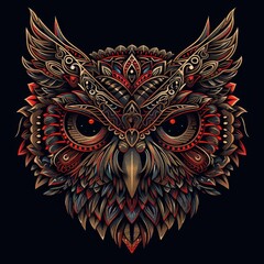 Fototapeta premium Owl head with detailed tribal decorations in a flat lay perspective.
