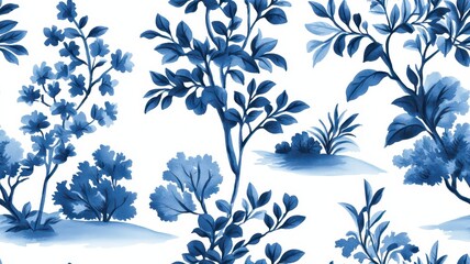 A serene pattern featuring blue botanical illustrations on a white background, evoking a calm and elegant atmosphere.
