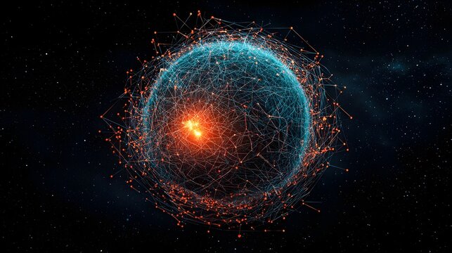 Glowing digital sphere made of interlocking notifications and messages symbolizing the interconnected digital ecosystem and flow of information in the modern technological world