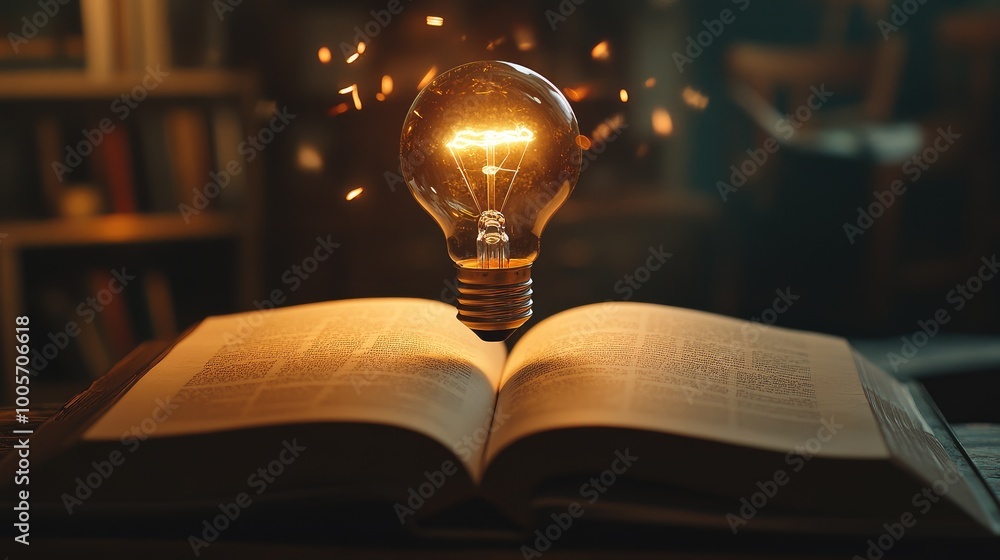 Poster floating lightbulb glowing gently above an open book, casting flickering shadows over the pages. no 