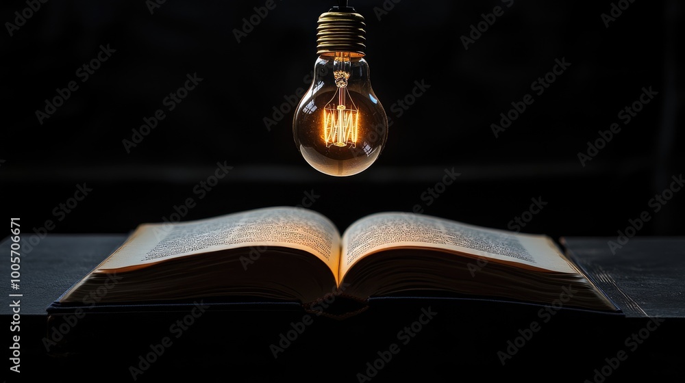 Poster floating lightbulb glowing gently above an open book, casting flickering shadows over the pages. no 