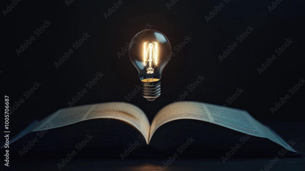 Poster floating lightbulb glowing gently above an open book, casting flickering shadows over the pages. no 