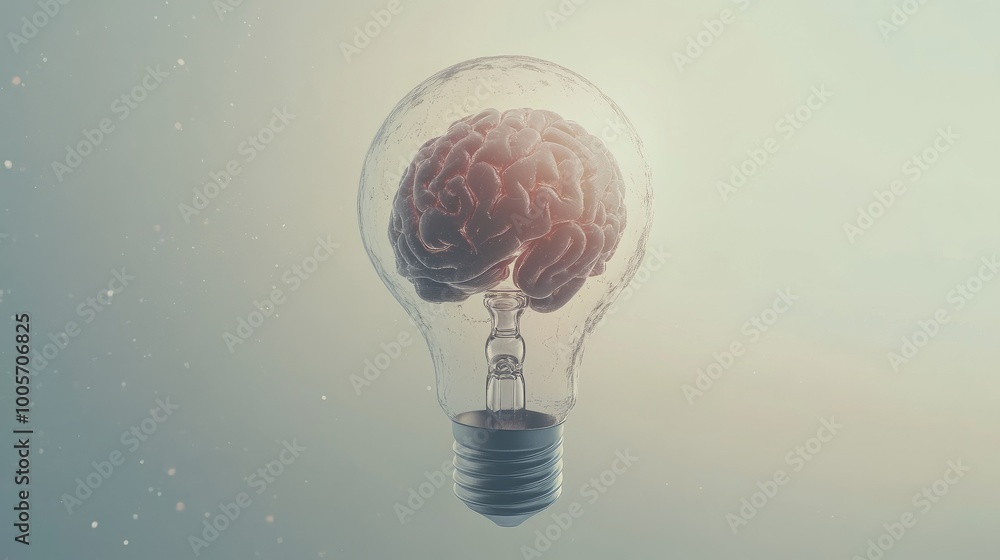 Poster futuristic concept of a brain inside a light bulb, floating in space with a clean white backdrop. no