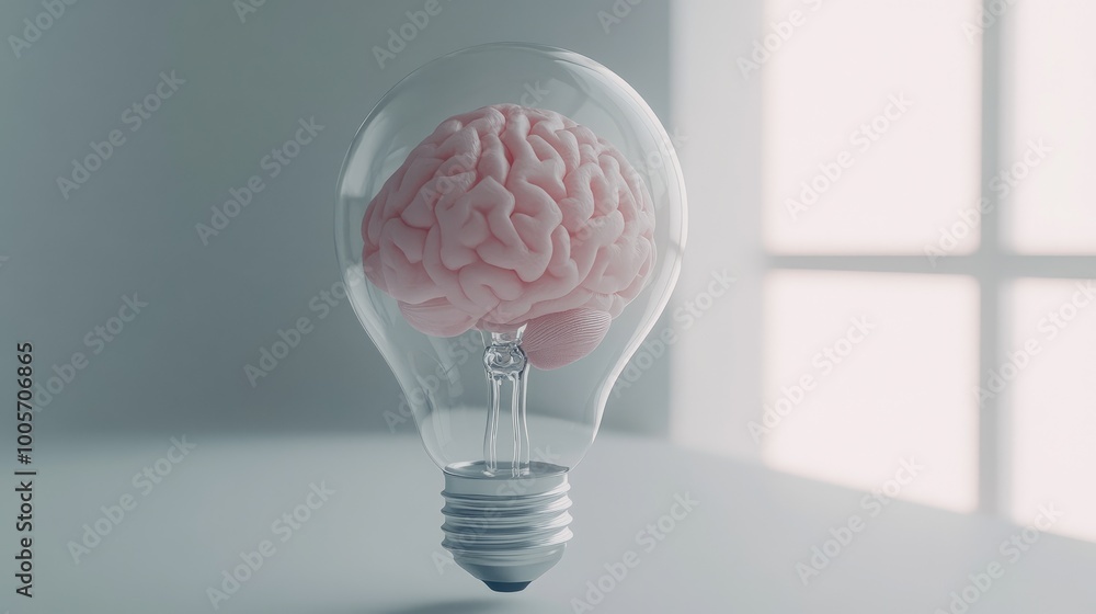 Poster futuristic concept of a brain inside a light bulb, floating in space with a clean white backdrop. no