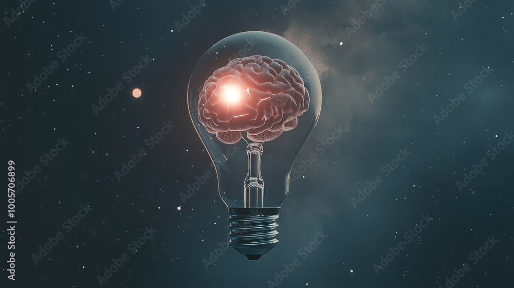 Aufkleber futuristic concept of a brain inside a light bulb, floating in space with a clean white backdrop. no