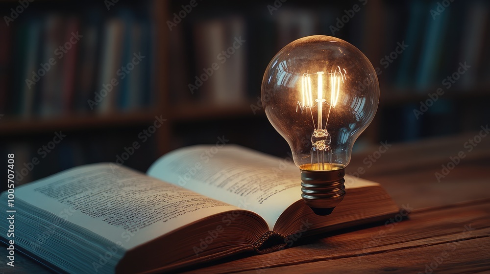 Poster glowing lightbulb with a flickering effect floating over an open book, casting soft light on the pag