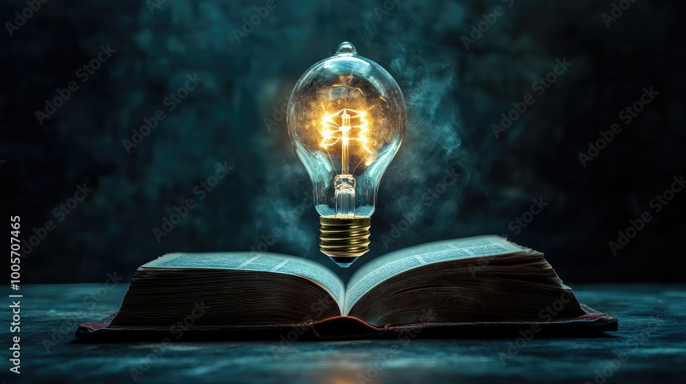 Poster glowing lightbulb with a flickering effect floating over an open book, casting soft light on the pag