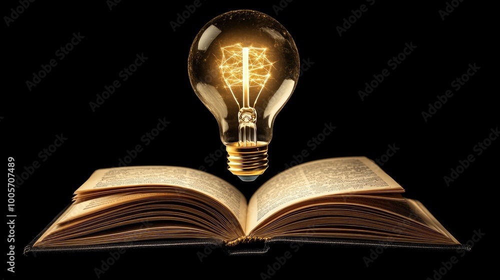 Poster glowing lightbulb with a flickering effect floating over an open book, casting soft light on the pag