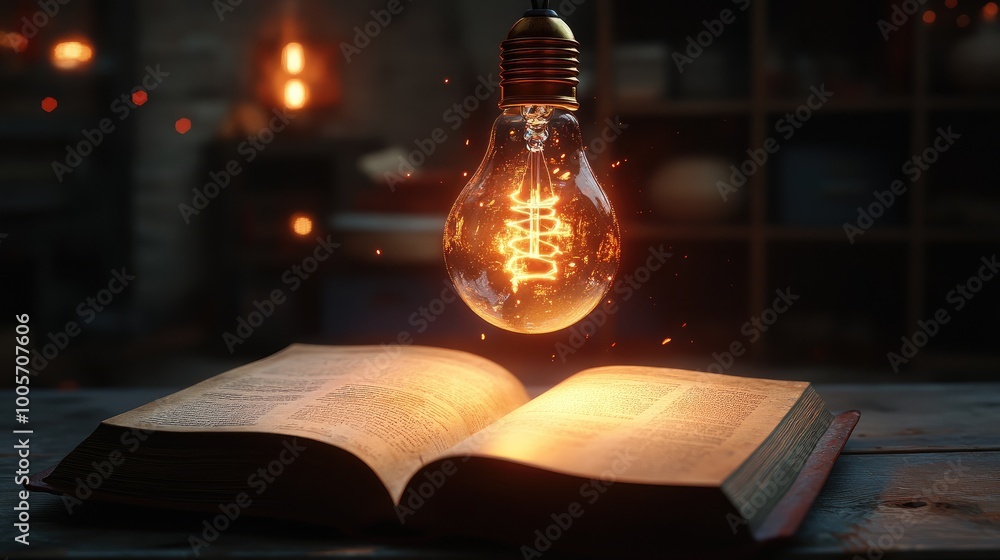 Poster glowing lightbulb with a flickering effect floating over an open book, creating a warm and inspiring
