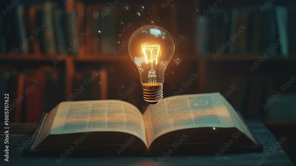 Poster glowing lightbulb with a flickering effect floating over an open book, creating a warm and inspiring