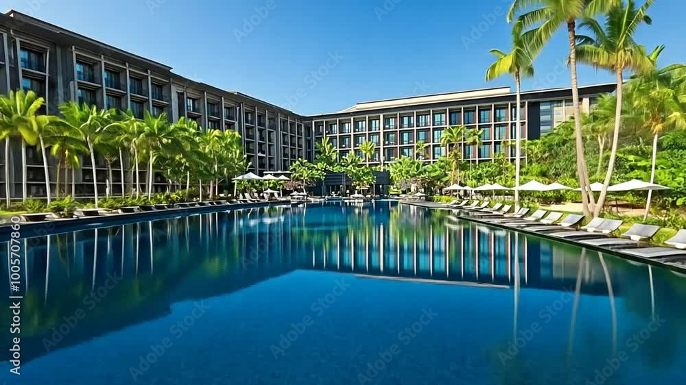 Poster luxurious resort pool during a sunny afternoon in tropical setting generative ai