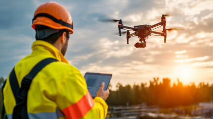 Worker monitoring drone at sunset
