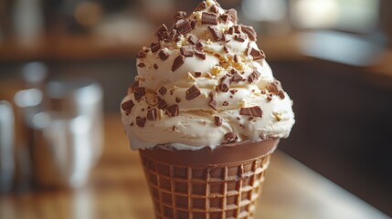 Chocolate topped ice cream cone on wooden table, indulgent dessert concept