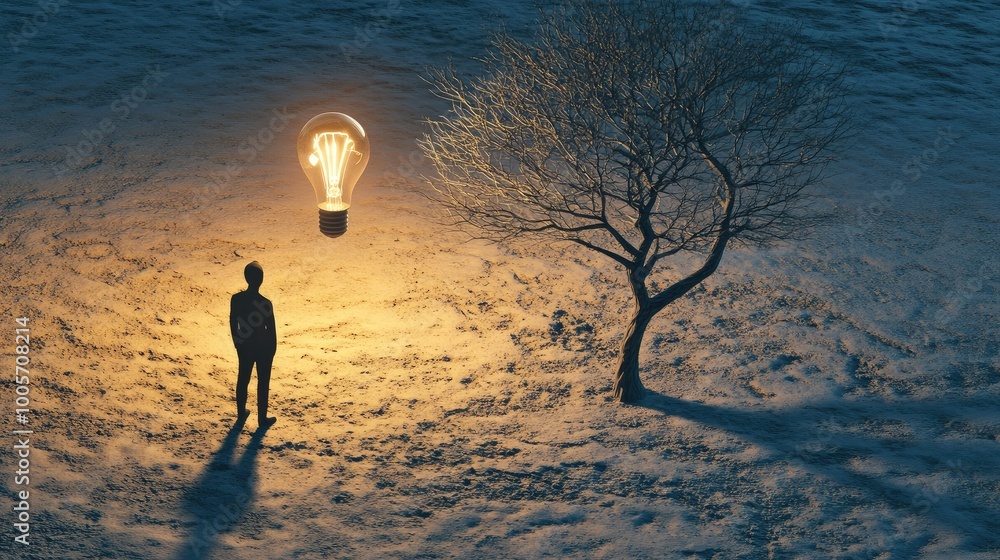 Poster lightbulb as the canopy of a tree on sandy terrain, casting the shadow of a man. creative ai creatio