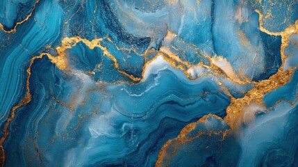Abstract blue and gold marbled texture resembling natural stone.