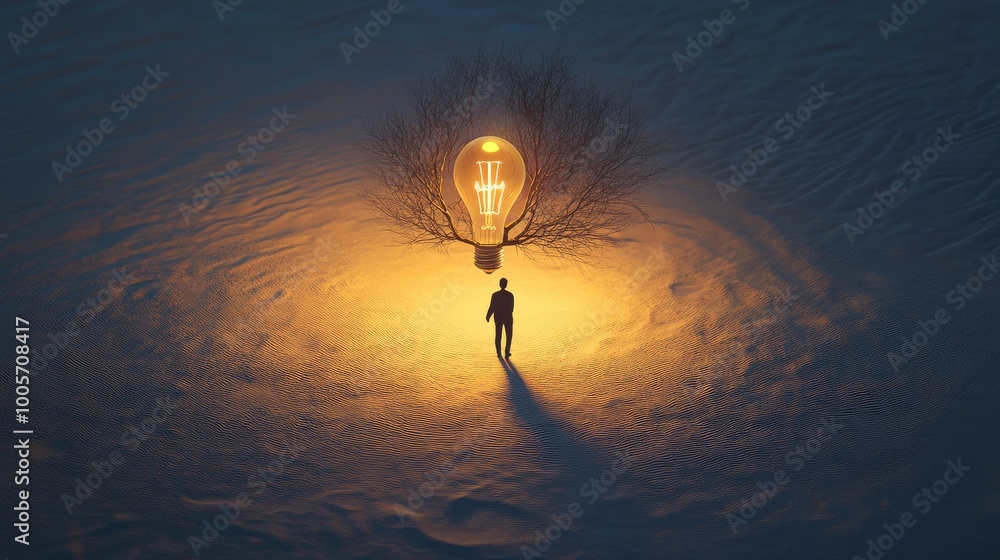 Poster lightbulb forms the canopy of a tree standing on sand, casting a manas shadow on the ground. created
