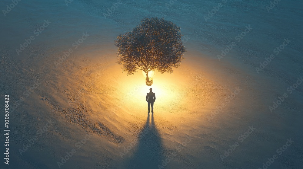 Poster lightbulb forms the canopy of a tree standing on sand, casting a manas shadow on the ground. created