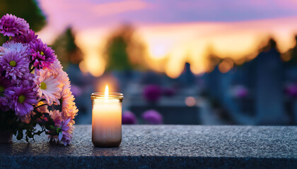 Toussaint, bougie et fleurs dans un cimetière, deuil religieux chrétien
