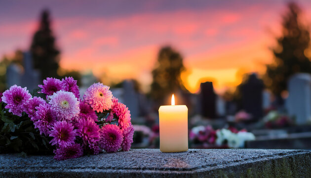 bougie et fleurs dans un cimeti&egrave;re, lors du deuil de la Toussaint