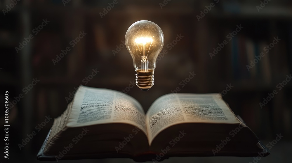 Poster lightbulb gently flickering as it floats above an open book, symbolizing knowledge and creativity. n