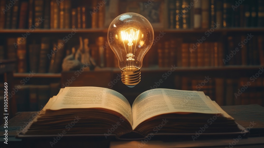 Poster lightbulb gently flickering as it floats above an open book, symbolizing knowledge and creativity. n