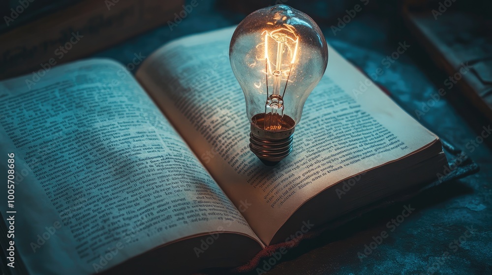 Poster lightbulb hovering above an open book, its flickering glow reflecting off the pages, creating a sens