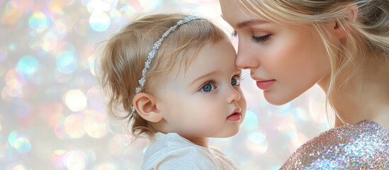 young beautiful mother holding baby in her arms with love and smile on light blurred background of room, woman, girl, child, daughter, son, place for text, copy space, mother's day, parenthood, infant